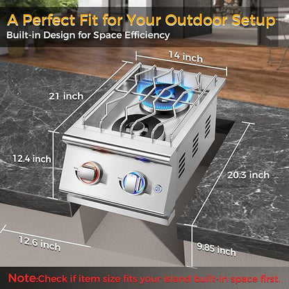 Grilling Side Burners for Outdoor Kitchen, 2 * 15,000BTU Nature Gas Side Burner,Convertible to Liquid Propane, Duty Heavy 304 Stainless Steel, Built-in Double Burner for BBQ Island Grill