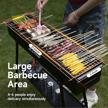 Charcoal Grill, Alloy Steel BBQ Barbecue Outdoor Grilling with Durable Support Frame and Dual Adjustable Vents for Tailgate Patio Beach Backyard(31.6x7.1x5.1 inch With Accessories), Black