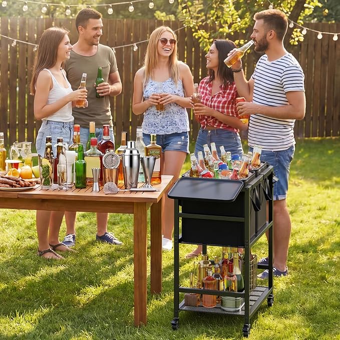 Patio Rolling Cooler Cart, Portable Bar Station for Backyard, Pool & BBQ | Two Detachable Insulated Bags, Four Casters with Two Locks, Side Bottle Opener, 12-Hour Insulation