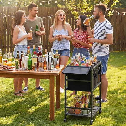 Patio Rolling Cooler Cart, Portable Bar Station for Backyard, Pool & BBQ | Two Detachable Insulated Bags, Four Casters with Two Locks, Side Bottle Opener, 12-Hour Insulation