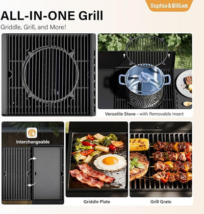 Sophia & William 4-Burner Gas Grill Griddle Combo with Stove, 482 SQ.IN.Cooking Area, 52,000 BTU Propane Barbeque Grills Outdoor Cooking with Two Shelves for Outside BBQ Patio Barbecue, Black