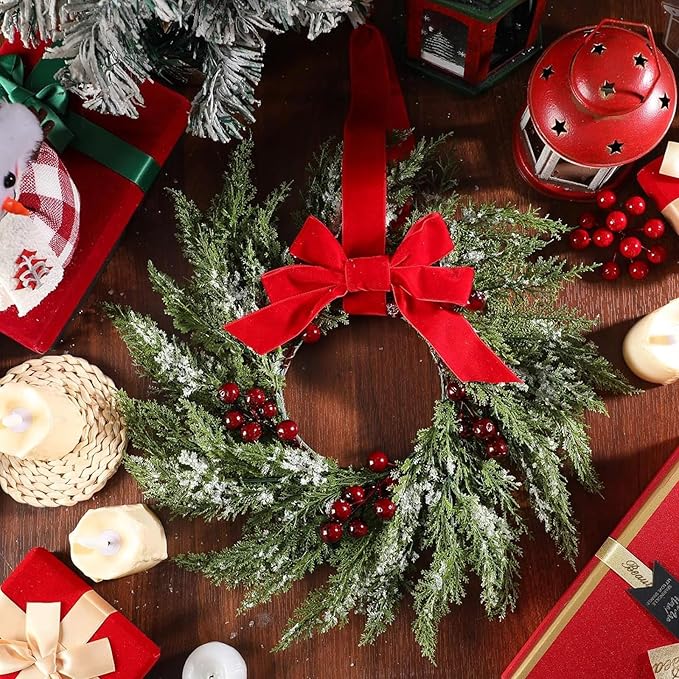 4 Pcs Small Christmas Norfolk Wreaths 15 Inch Christmas Kitchen Cabinet Mini Wreath with Bow Ribbon Cedar Berry for Xmas Front Door Window Chair Fireplace Table Pillar Farmhouse