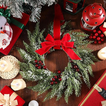 4 Pcs Small Christmas Norfolk Wreaths 15 Inch Christmas Kitchen Cabinet Mini Wreath with Bow Ribbon Cedar Berry for Xmas Front Door Window Chair Fireplace Table Pillar Farmhouse