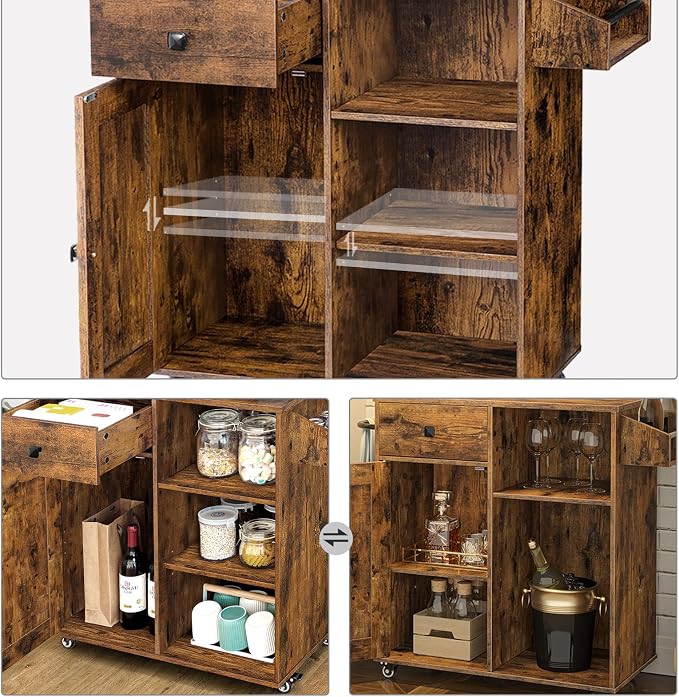 HOOBRO Kitchen Island, Storage Cabinet with Drawer, Kitchen Cart with Spice and Towel Rack, Saving Space, Easy Assembly, for Living Room, Rustic Brown BF12ZD01