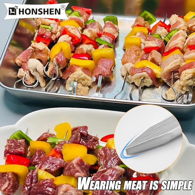 8 inch Flat Stainless Skewers, HONSHEN Mini Short Barbecue Needle Barbecue Skewers,Baking Rods,Air Fryer,Corn on The Grill.24 Pack (8 INCH Flat BBQ 24P)