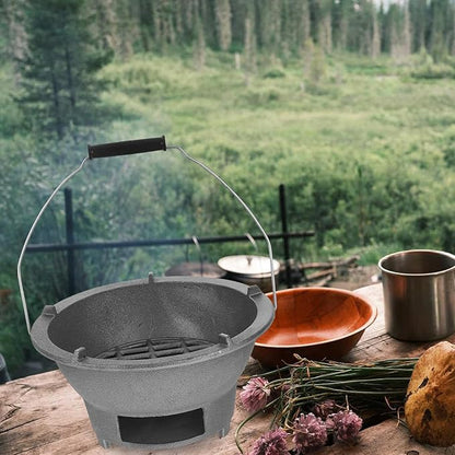 Cast Iron Charcoal Grill Stove Portable Outdoor Camping Burner with Handle and Inner Grill Rack Large round Charcoal Heating Stove for Backyard Barbecue