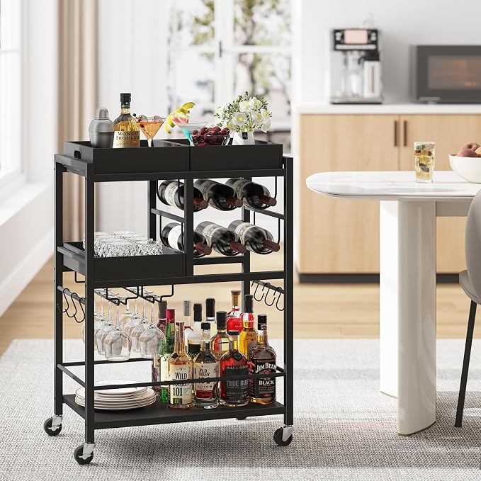 TUTOTAK Bar Cart with Wheels, Drink Cart with Wine Rack and Glass Holder | 3-Tier 24.8 Inch Wide Home Bar Serving Carts, Small Mobile Kitchen Shelf with 6 Hooks, Black BC01BK037