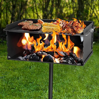 Park Style Charcoal Grill with Cooking Grate, Heavy Duty Carbon Steel Outdoor BBQ Grill with Plate, Single Post Park Grill for Camping, Backyard and Cooking (25 x 17 x 11 Inch)