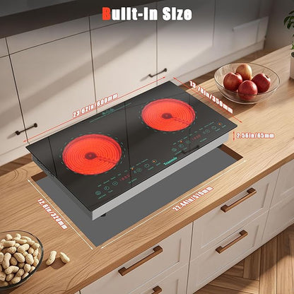 2 Burner Electric Cooktop, 110V Two Burner Electric Stove Top 2000W, 24 Inch Countertop & Built-in Ceramic Cooktop for Camping, Outdoor, Dorm, RVs, Child Lock, Timer, 8 Power Levels, Green
