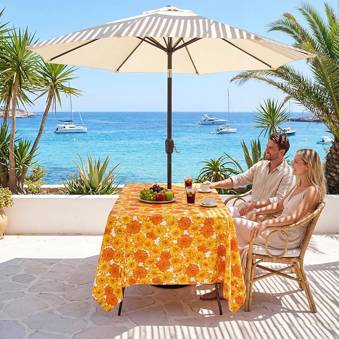Poise3EHome 60X84 Inches Rectangle Outdoor Tablecloth with Umbrella Hole and Zipper,Spillproof Patio Table Cloth for Camping Picnic Party Garden Table, Yellow Flower