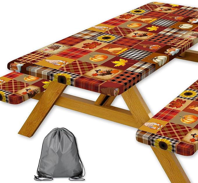 Fall Pumpkin Picnic Table Cover with Bench Covers Thanksgiving Maple Leaves Sunflower Plaid Camping Tablecloth Waterproof Elastic Edges Fitted Rectangle Tables Cover for Indoor Outdoor 3PCS 30x60 Inch