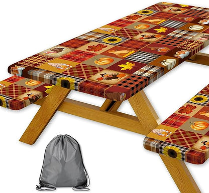 Fall Pumpkin Picnic Table Cover with Bench Covers Thanksgiving Maple Leaves Sunflower Plaid Camping Tablecloth Waterproof Elastic Edges Fitted Rectangle Tables Cover for Indoor Outdoor 3PCS 30x60 Inch