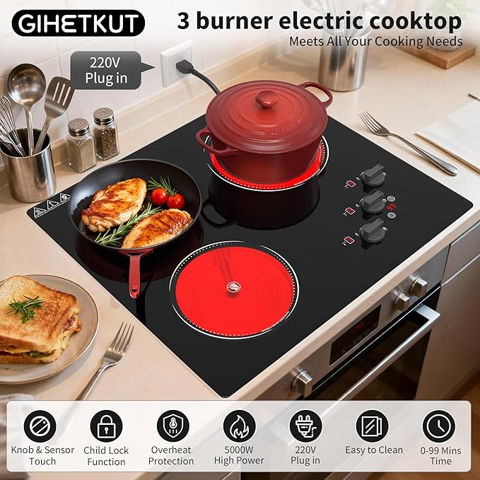 GIHETKUT Electric Cooktop, 220V 5000W Stove Top, 9 Power Levels, Kids Lock & Timer, Hot Surface Indicator, Overheat Protection,knob and touch control 3 Burner Electric cooktop