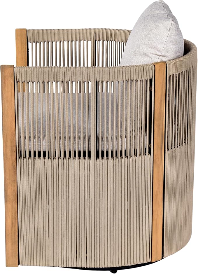 Christopher Knight Home Kato Outdoor Metal & Acacia Wood Frame Swivel Accent Chair with Removable Cushion, 360° Rotating Patio Armchair with Rope Accent, Outdoor Swivel Chair for Garden, Beige