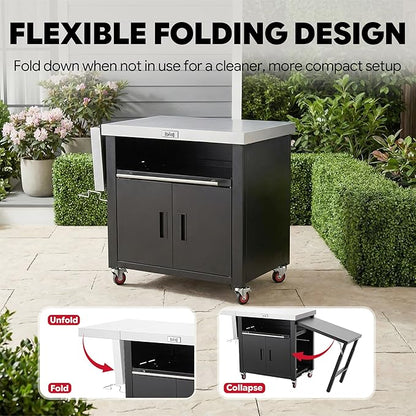Feasto Outdoor Kitchen Island with Cabinet, Outdoor Grill Table with Stainless Steel Top for Pizza Oven& Griddles, Movable Bar Cart with Pull-Out Plate for Parties& Gathering, Heavy-Duty, L74”x W24”