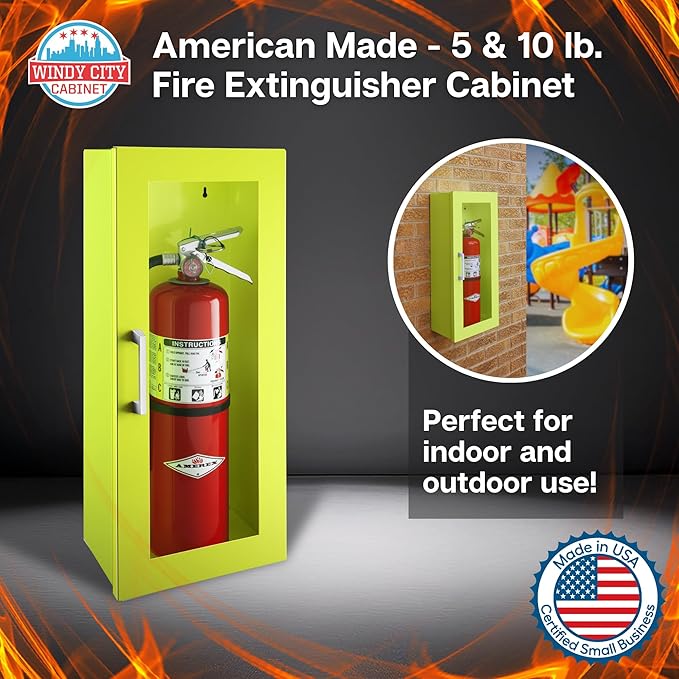 Fire Extinguisher Mount for Wall & Surface - 22 Gauge Steel, USA Made - Fire Extinguisher Cabinet Storage w/Metal Handle - Indoor & Outdoor Use - 24.5H x 9.25W x 6.5D - Neon