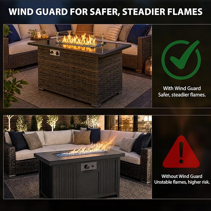 44" Propane Fire Pit Table, 50,000 BTU Outdoor Wicker Gas Fire Table with Glass Wind Guard, Tempered Glass Top, Auto Ignition, Lid & Protective Cover, ETL Certified Patio Firepit Table, Brown