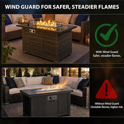 44" Propane Fire Pit Table, 50,000 BTU Outdoor Wicker Gas Fire Table with Glass Wind Guard, Tempered Glass Top, Auto Ignition, Lid & Protective Cover, ETL Certified Patio Firepit Table, Brown