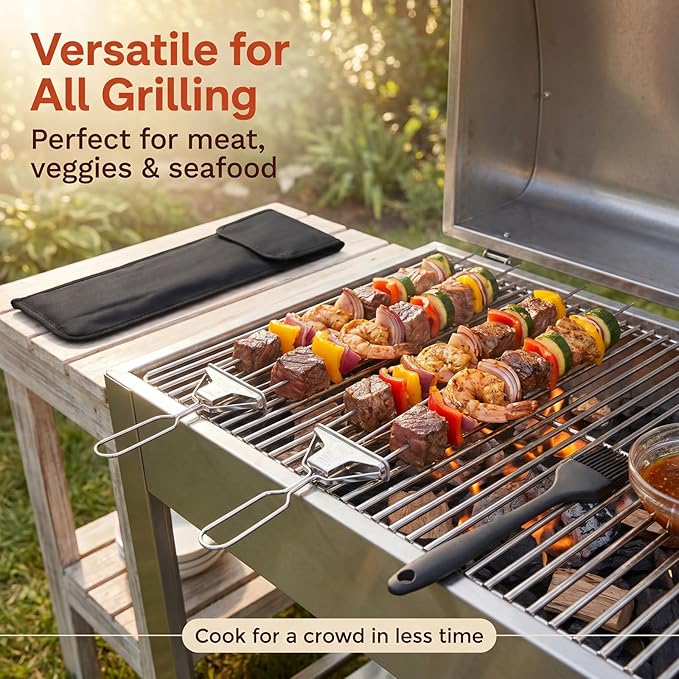 3 Prong Skewers for Grilling, 14.7" Stainless Steel BBQ Kabob Skewers with Push-Off Slider, Reusable Metal Skewer Sticks with Storage Bag & Basting Brush for Meat, Chicken, Veggies, Outdoor Cooking