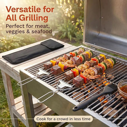 3 Prong Skewers for Grilling, 14.7" Stainless Steel BBQ Kabob Skewers with Push-Off Slider, Reusable Metal Skewer Sticks with Storage Bag & Basting Brush for Meat, Chicken, Veggies, Outdoor Cooking