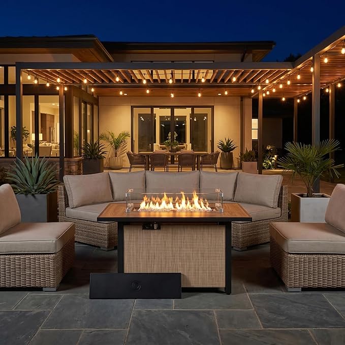 Nuu Garden 43 Inch Propane Fire Pit Table CSA Listed 50000 BTU Gas Fire Pit with Lid Glass Wind Guard and Fire Glass Beads 2 in 1 Rectangular Outdoor Fire Table for Patio Backyard Light Brown
