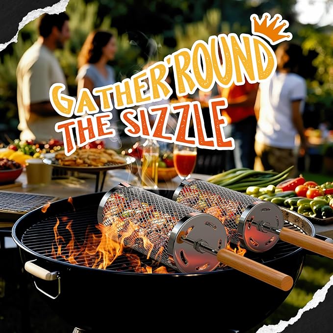 Rolling Grill Basket 2-Pack,304 Stainless Steel Grill Basket with Removable Wooden Handle,BBQ Tool & Smoker Accessory for Grill Rotisseries Veg & Shrimp,Ideal for Outdoor Cooking,Camping & Gifts for Dad/Husband/Men