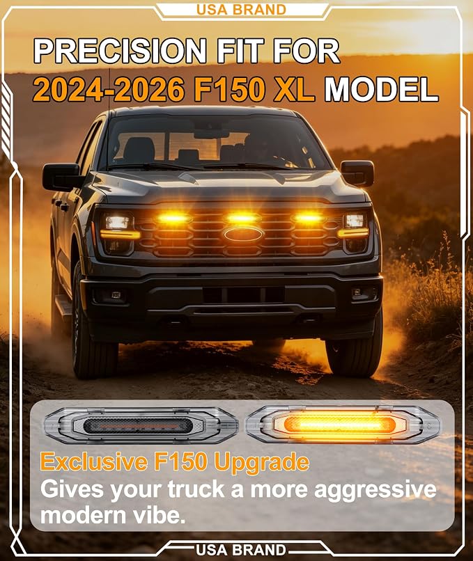 LED Grill Lights for Ford F150 2024-2026 Accessories XL Only, Amber | Direct-Snap F150 Front Grille Marker Lights, OEM-Style Fit, IP68 Waterproof, Raptor-Style Front-End Upgrade, Off-Road Ready