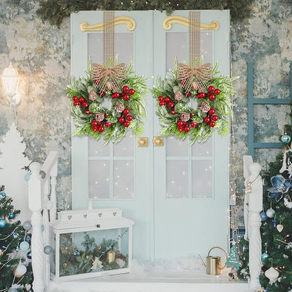 Dingion 4 Pcs Small Christmas Wreaths for Cabinet Kitchen Decor Mini Artificial Wreath 9 Inch Faux Garland with Burlap Ribbon for Vintage Retro Home Table Candle Porch Window Indoor Outdoor Decor