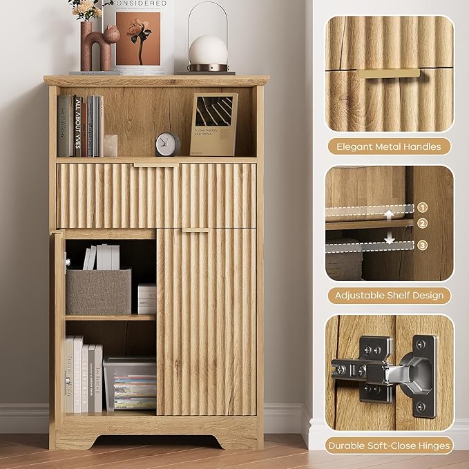 Fluted Buffet Cabinet with Storage, Modern Coffee Bar Cabinet | With Drawer & Adjustable Shelf, Wood Sideboard Cabinet for Kitchen, Bathroom, Entryway and Living Room Natural