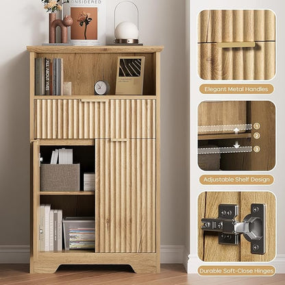 Fluted Buffet Cabinet with Storage, Modern Coffee Bar Cabinet | With Drawer & Adjustable Shelf, Wood Sideboard Cabinet for Kitchen, Bathroom, Entryway and Living Room Natural