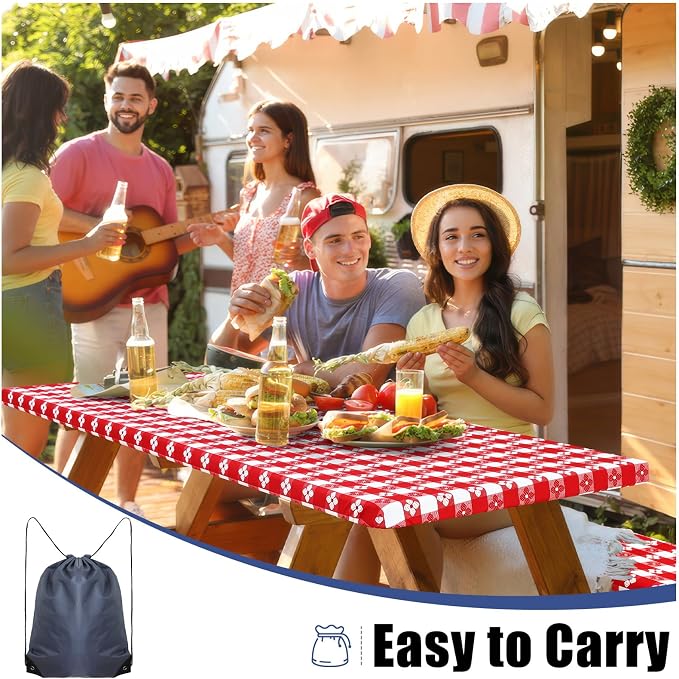 Smiry Picnic Table Cover with Bench Covers, Waterproof Elastic Fitted Tablecloth for 8 Foot Tables, Washable Polyester Tablecloths for Camping, Indoor & Outdoor (Red & White, 30x96 Inch 3-pc Set)