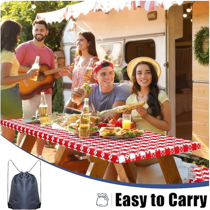 Smiry Picnic Table Cover with Bench Covers, Waterproof Elastic Fitted Tablecloth for 8 Foot Tables, Washable Polyester Tablecloths for Camping, Indoor & Outdoor (Red & White, 30x96 Inch 3-pc Set)