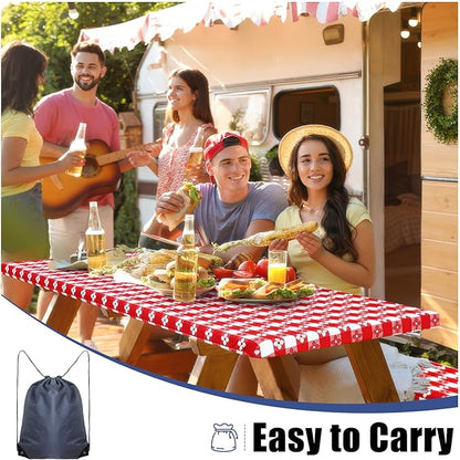 Smiry Picnic Table Cover with Bench Covers, Waterproof Elastic Fitted Tablecloth for 5 Foot Tables, Washable Polyester Tablecloths for Camping, Indoor & Outdoor (Red & White, 30x60 Inch 3-pc Set)
