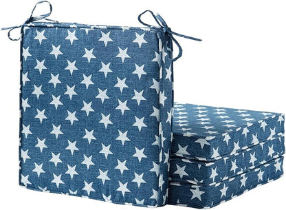 Outdoor 18 inch Square Patio Dining Chair Pads – Comfortable Fiber-Filled Seat Cushions with Ties, Reversible Polyester Fabric - Stars, Set of 4