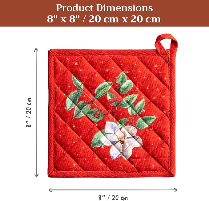 Maison d' Hermine Pot Holders 100% Cotton Potholders (8" x 8", Pack of 2) | Heat Resistant Hot Pads with Loop BBQ Cooking Baking Hotel Kitchen Handling Hot Pans Thanksgiving Christmas - Noel