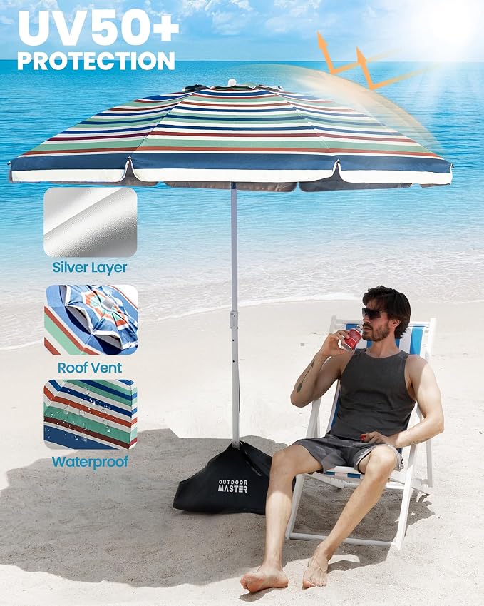 OutdoorMaster 7.2ft Beach Umbrellas for Sand with Sandbag & Anchor | 7.2ft Adjustable Umbrella for Beach, Wind Resistant, Portable UPF50+ Sunshade with Carry Bag for Patio
