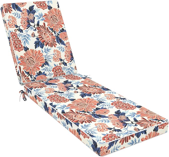 LVTXIII Outdoor Chaise Lounge Cushion 72x21x3 Inch, Water-Repellent Patio Seat Cushion with Ties & Hidden Zipper, Thick Foam Pad for Lawn Chair, Poolside, Patio Furniture, Vibrant Blossom