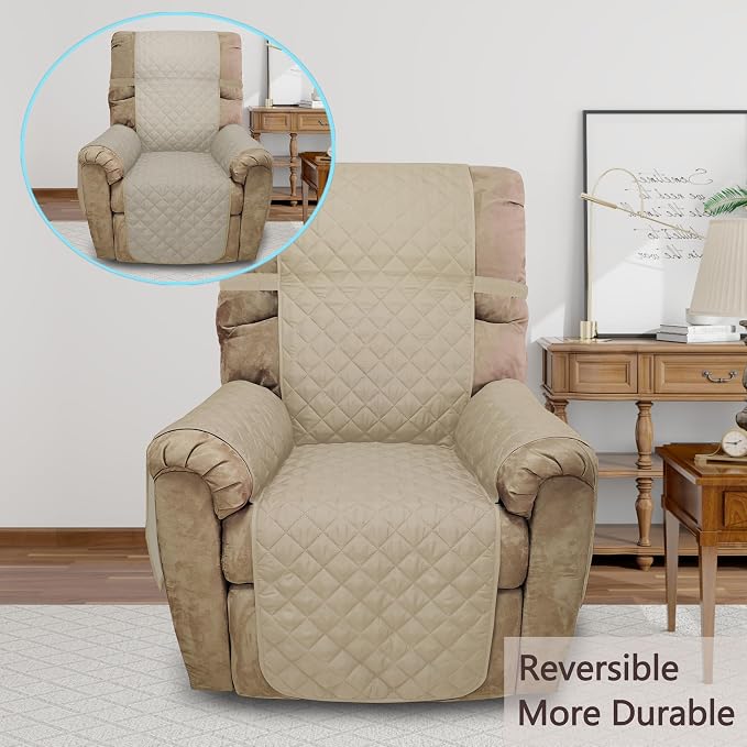 Reversible Chair Covers for Recliner Oversized, Sand/Beige | Recliner Oversized Covers for Living Room with Elastic Straps, Water Repellent, Chair Protectors Covers for Dogs