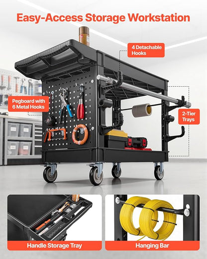 VEVOR Utility Cart with Tray & Pegboard, 44.8 x 24in 2 Tier Service Cart with 360° Swivel & Fixed Wheels (2 Brakes), 550 LBS Work Cart Tub Storage W/Deep Shelves, Tool Storage for Garage Warehouse