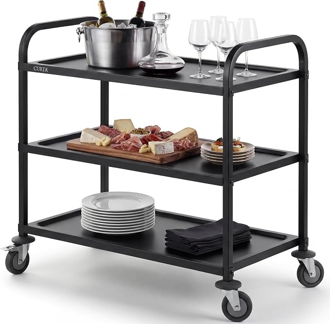 Black Stainless Steel Serving Cart, 3-Tier Rolling Utility Trolley (38"x20"x37"), Heavy Duty Painted Kitchen Cart on Wheels with Brakes, Commercial Grade for Restaurant, Hotel, Salon & Lab