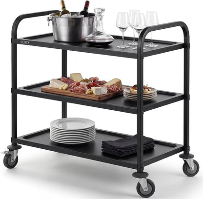 Black Stainless Steel Serving Cart, 3-Tier Rolling Utility Trolley (38"x20"x37"), Heavy Duty Painted Kitchen Cart on Wheels with Brakes, Commercial Grade for Restaurant, Hotel, Salon & Lab