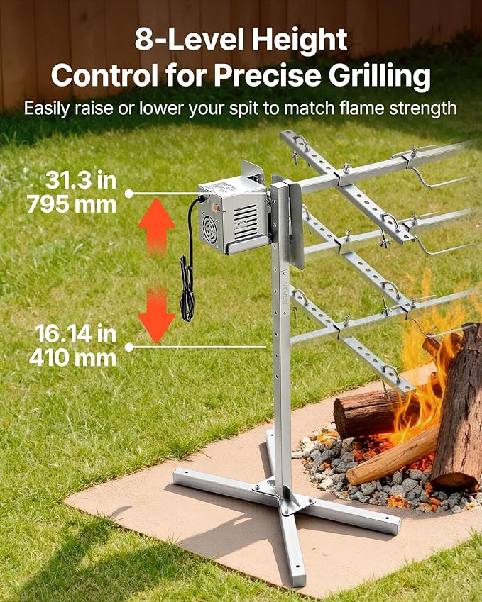 VEVOR Rotisserie Grill, 8 Level Height Stainless Steel Electric Rotisserie Grill Kit, 132 lbs Load Capacity BBQ Grills Rotisseries Kit with 38W Motor, Automatic Grilling Kits for Parties