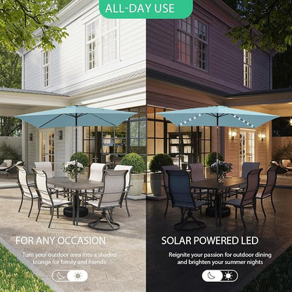 JEAREY 6.5x10' Rectangle LED Lighted Umbrella Patio Umbrella Outdoor w/Tilt | Solar Market Umbrellas with 6 Sturdy Ribs, UV Protection Waterproof Sunproof for Pool, Deck, Backyard(Lake Blue)