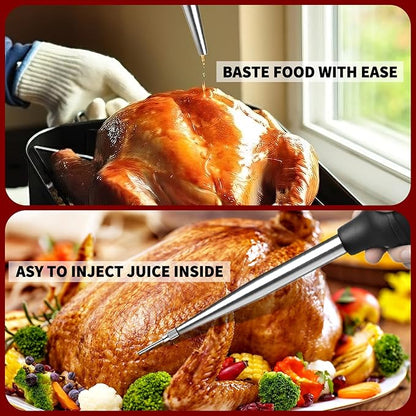 QPMR Turkey Baster With Cleaning Brush, Stainless Steel Baster Tool for Cooking-Baster Syringe for Roaster Turkey, Include 2 Meat Marinade Injector Needles for Thanksgiving