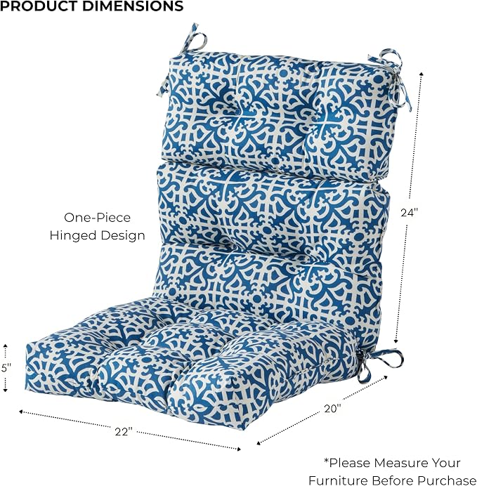Outdoor Tufted High-Back Chair Cushions, One-Piece Hinged Seat and Back Design, Reversible with 4 Ties, Durable Polyester Fabric, Recycled Fiber Fill - Set of 2, Indigo Lattice