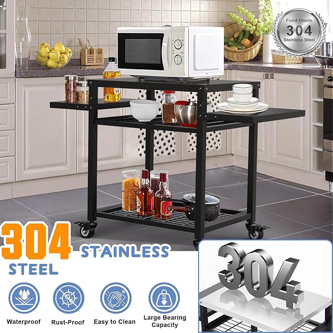 Three-Shelf Grill Cart, Stainless Steel & Black, Outdoor Grill Table with Pizza Oven & BBQ Grill Stand