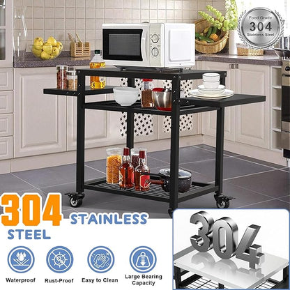 Three-Shelf Grill Cart, Stainless Steel & Black, Outdoor Grill Table with Pizza Oven & BBQ Grill Stand