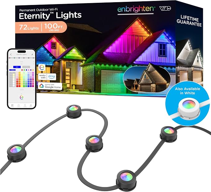 Enbrighten Eternity Permanent Outdoor Lights, 100ft, 72 Lights, Smart | Black Cord, RGBWIC LEDs, Weatherproof, Cuttable, Link to 200ft, Christmas, App Control, Works with Alexa & Google Home