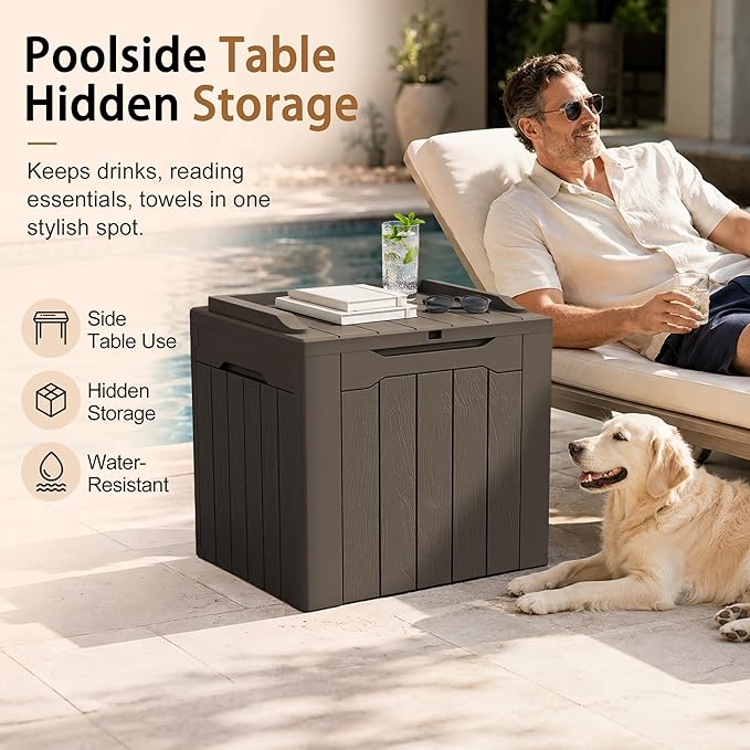 JUMMICO 31 Gallon Resin Deck Box Waterproof Indoor Outdoor Storage Boxes for Patio Furniture Cushions and Garden Tools (Brown)