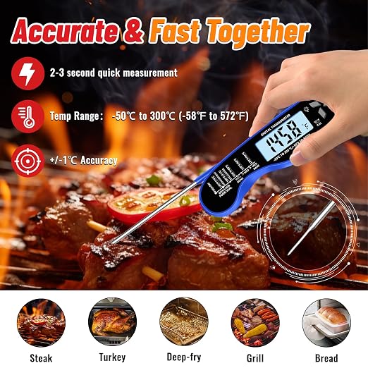 Meat Thermometer Digital, IP67 Waterproof Food Thermometer for Cooking | Backlight, Hold Function, Magnet, IP67 Waterproof, LED screen, for Kitchen, Grill, BBQ, Beef, Candy, Turkey